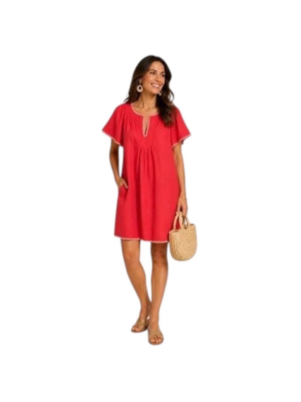 MAGASCHONI Coral Pink 100% Linen Flutter Sleeve Contrast Whipstitch Dress M 6/8